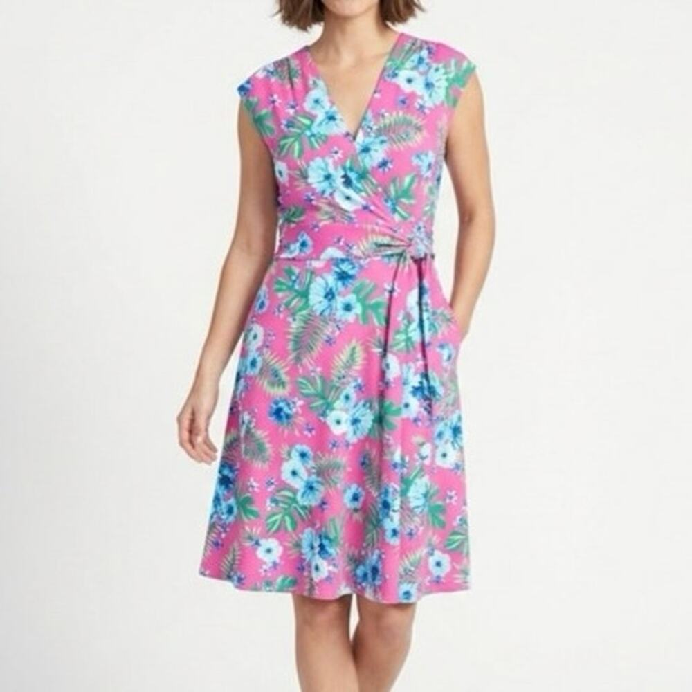 Lands' End Hot Pink Floral Faux Wrap Midi Dress Tropical Floral Palm Size M